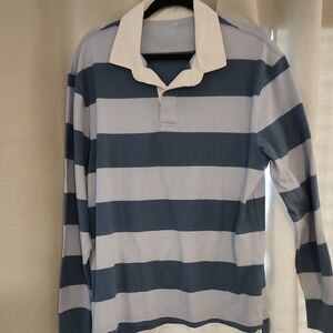 J. Crew Men's Long Sleeve Blue and White Rugby Shirt